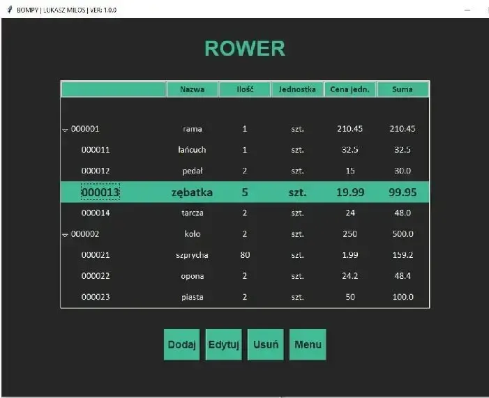 Zrzut ekranu z aplikacji stworzonej przez Łukasza Miłoś, służącej do prowadzenia zestawienia materiałowego
