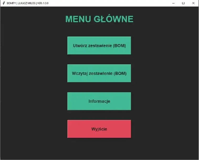 Widok menu w aplikacji bompy do zarządzania zestawieniami materiałowymi