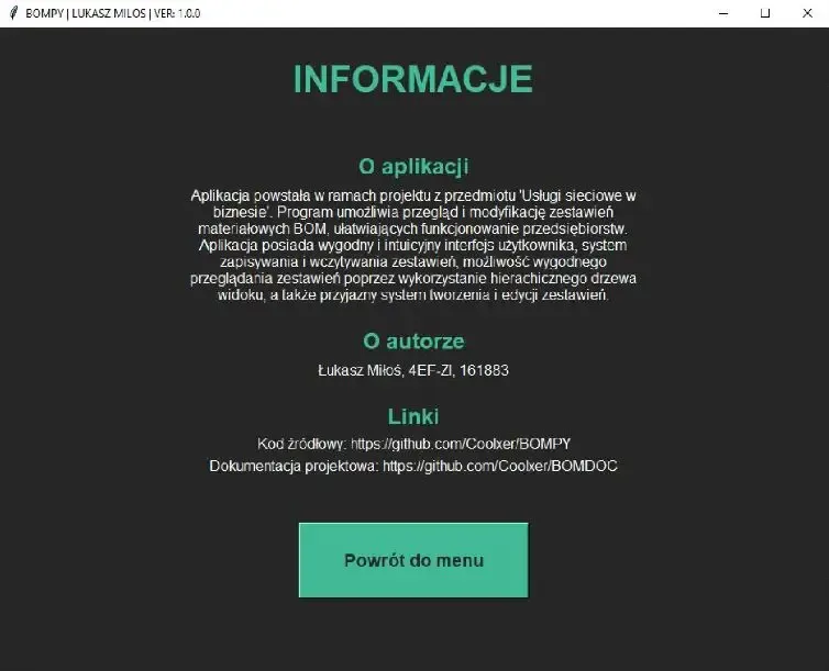 Ekran informacyjny aplikacji bompy do zarządzania zestawieniami materiałowymi