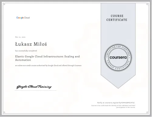 Certyfikat ukończenia kursu Elastic Google Cloud Infrastructure: Scaling and Automation przez Łukasza Miłoś