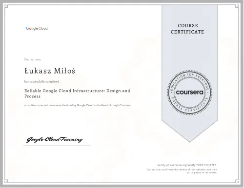 Certyfikat ukończenia kursu Reliable Google Cloud Infrastructure: Design and Process przez Łukasza Miłoś