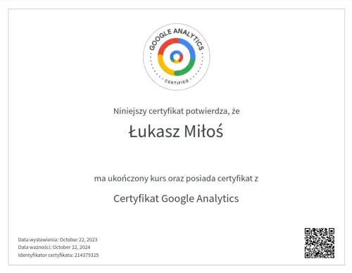 Certyfikat ukończenia kursu Google Analitycs przez Łukasza Miłoś