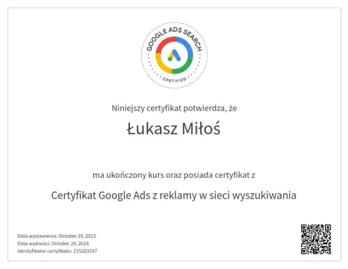 Certyfikat ukończenia kursu Google As reklamy z sieci wyszukiwania przez Łukasza Miłoś