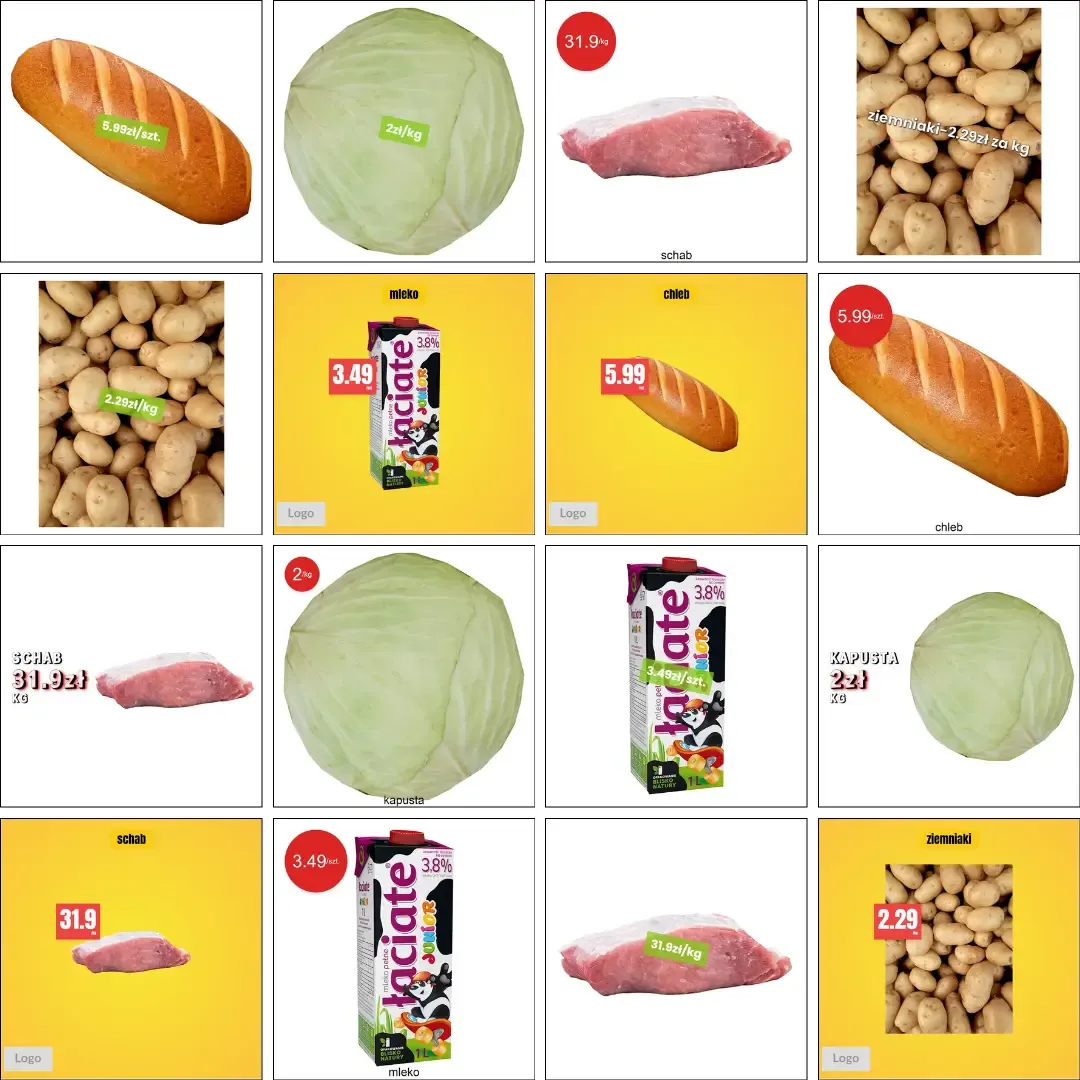 Siatka szablonowych grafik marketingowych produktów spożywczych