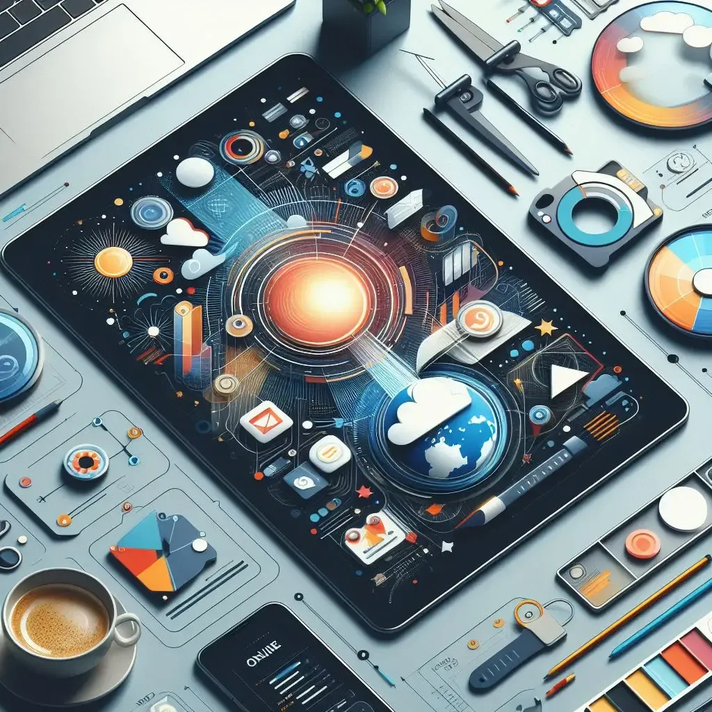 Tablet wyświetlający grafikę strony internetowej, a wokół widoczne są różne elementy i narzędzia naprawcze.