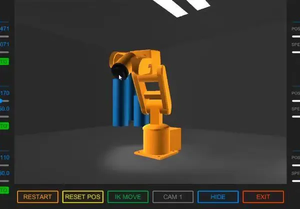 Zrzut ekranu z aplikacji stworzonej przez Łukasza Miłoś, służącej do symulacji sterowania ramieniem robotycznym