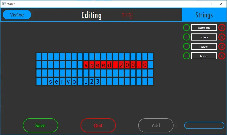 Zrzut ekranu z aplikacji stworzonej przez Łukasza Miłoś, służącej organizacji pola małego wyświetlacza segmentowego