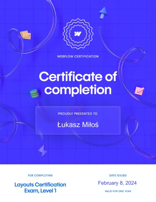 Certyfikat ukończenia kursu Webflow Layouts Level 1 przez Łukasza Miłoś