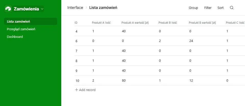 Interfejs airtable - lista zamówień