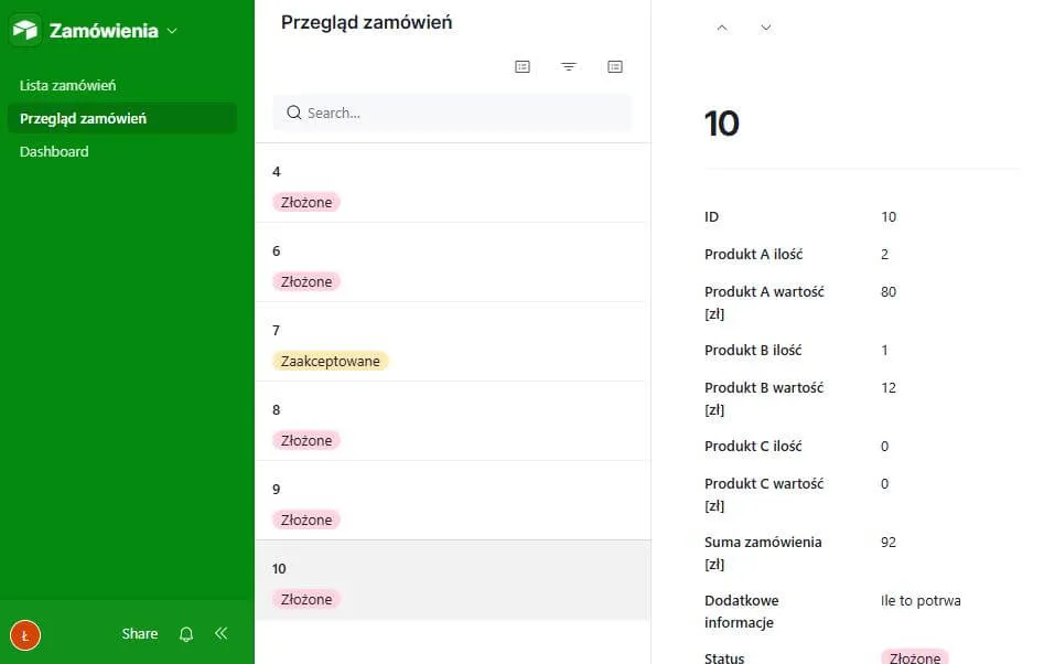 Fragment systemu składania i przetwarzania zamówień