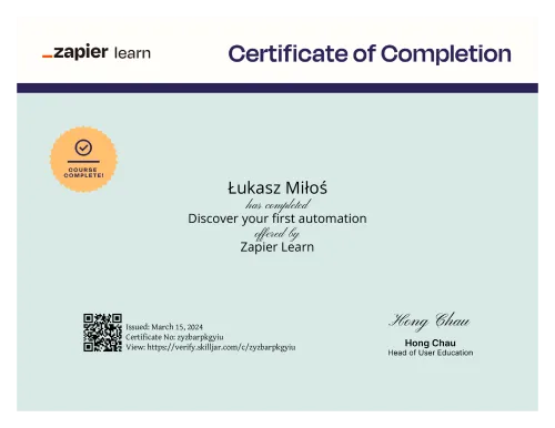 Certyfikat ukończenia kursu Zapier: Discover your first automation przez Łukasza Miłoś