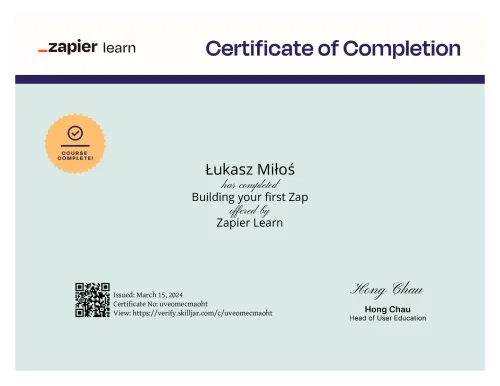 Certyfikat ukończenia kursu Zapier: Building your first Zap przez Łukasza Miłoś